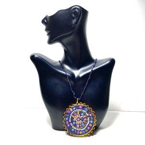 Indian Mosaic Boho Pendant Necklace Copper Blue Purple Seed Bead Mirror India